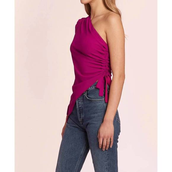 NEW AMANDA UPRICHARD maryclare one shoulder long sleeve top in magenta - Picture 3 of 4